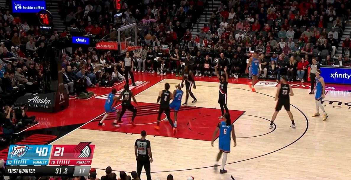 Это битва спиной к спине? В первой четверти «Тандер» набрали 41 очко, опередив «Трэйл Блэйзерс» на 20 очков.